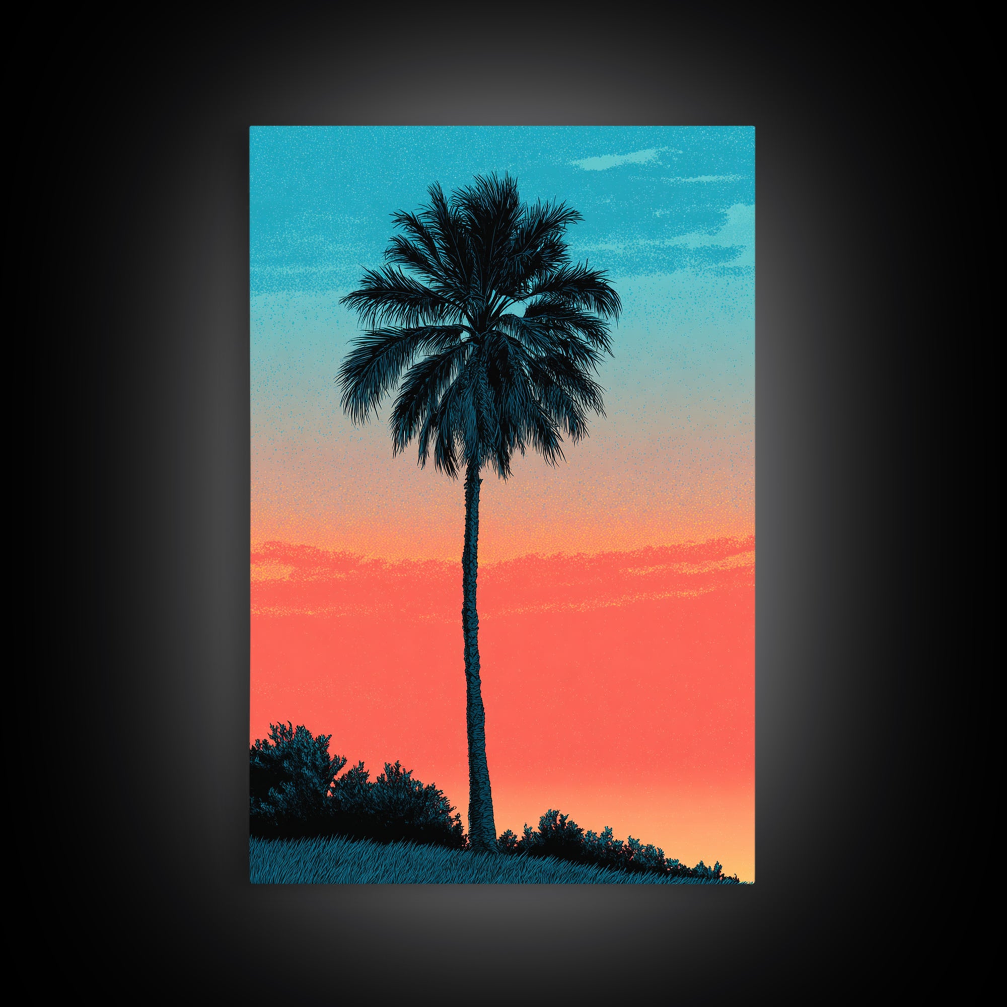 Tall Palm Silhouette In Turquoise Coral Sunset Wall Art, Retro Tropical Poster, Palm Springs Decor, Coastal Home Art Print