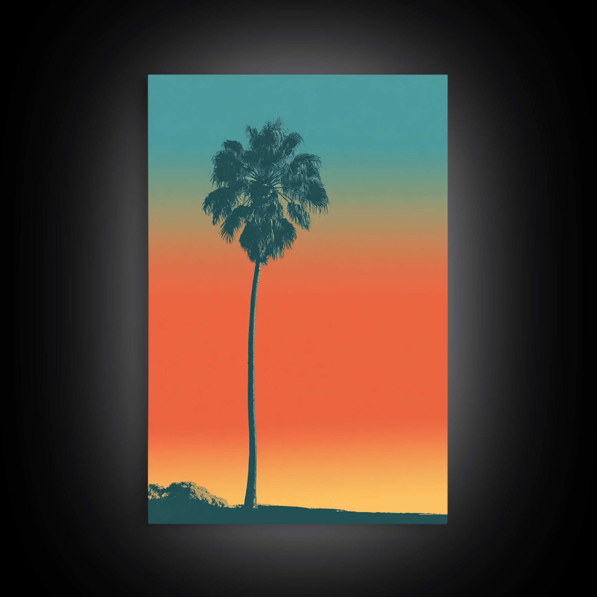 Lone Palm Tree On Orange Teal Horizon Canvas Print, Minimal Retro Tropical Poster, Palm Springs Decor, Coastal Wall Art Print
