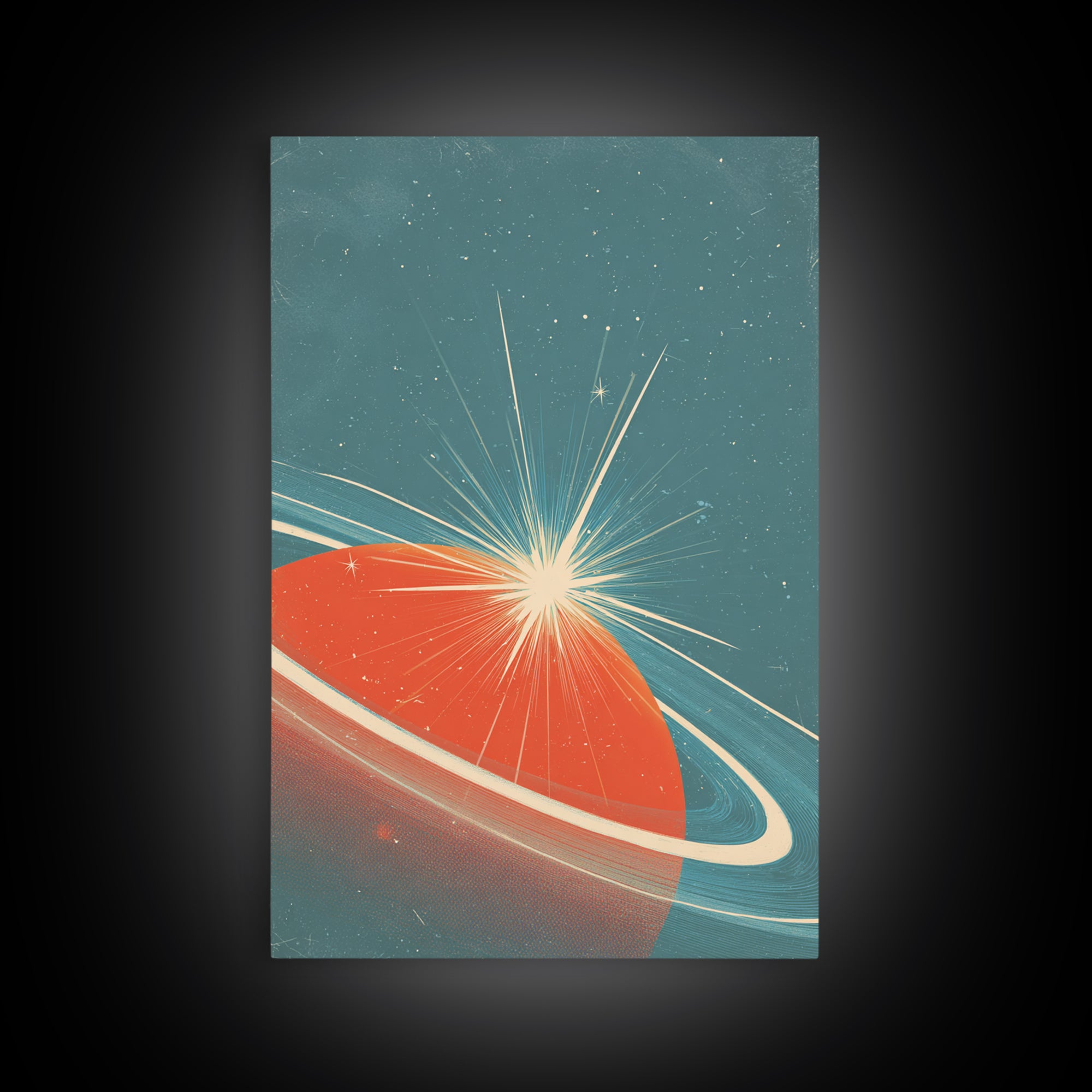 Retro Ringed Planet With Starburst Framed Canvas Print, Mid Century Modern Wall Art, Space Abstract Poster, Sci Fi Decor