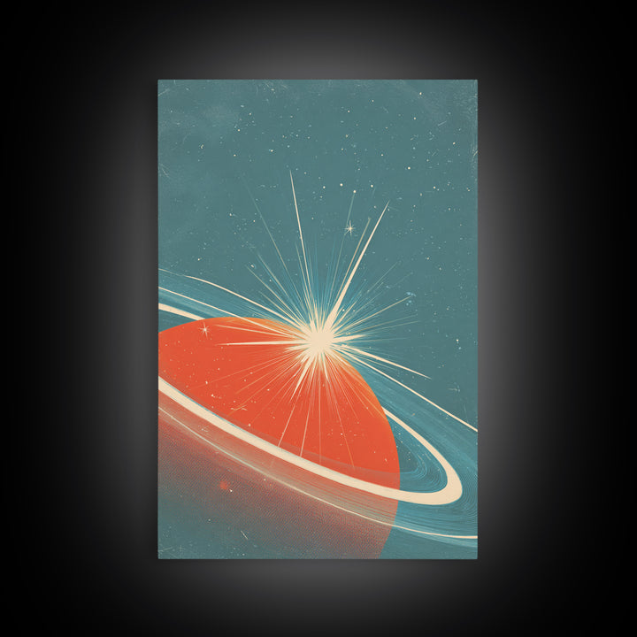 Retro Ringed Planet With Starburst Framed Canvas Print, Mid Century Modern Wall Art, Space Abstract Poster, Sci Fi Decor
