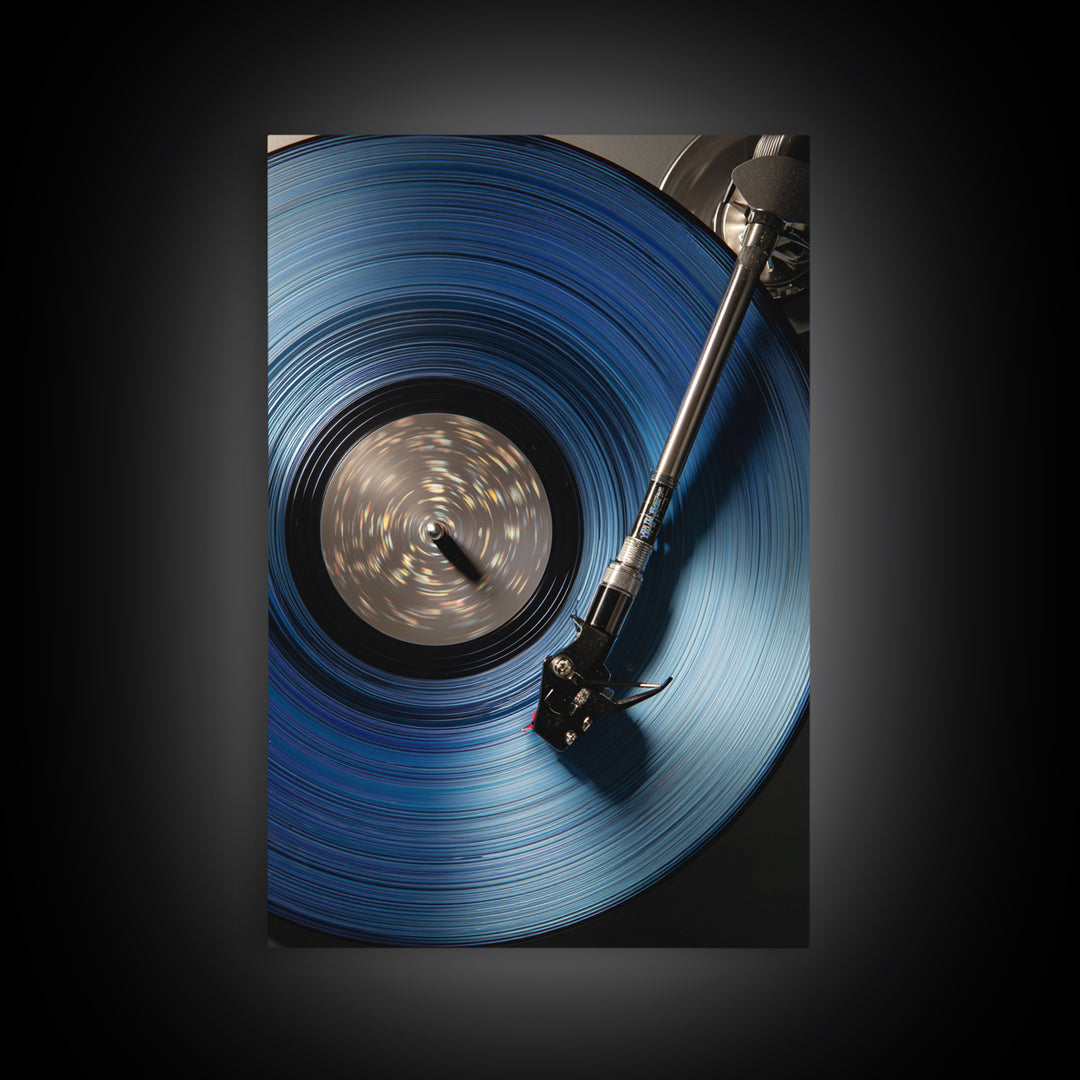 Blue Vinyl Record Canvas Print, Modern Wall Art For Music Lovers, Retro Turntable Poster, Moody Home Office Decor Gift For Him