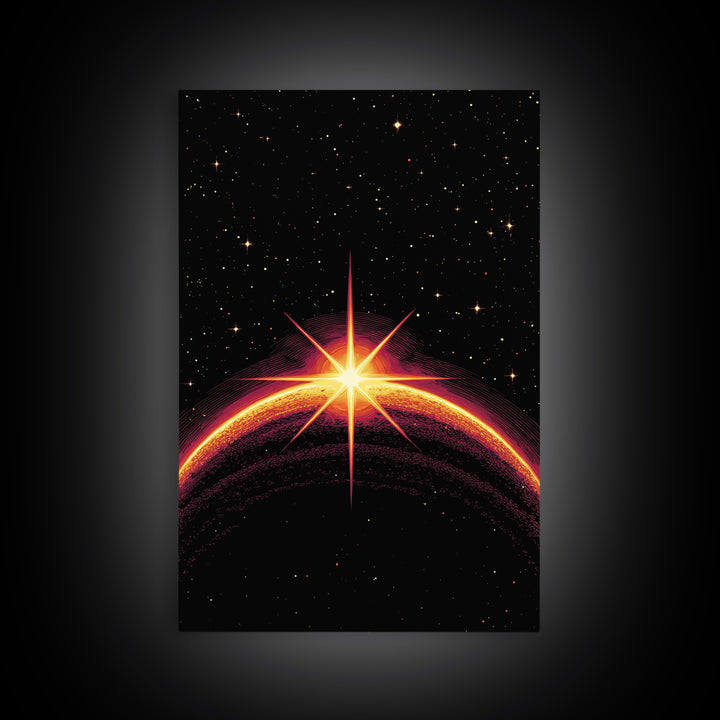Cosmic Sunrise Over Dark Planet Wall Art, Retro Sci Fi Poster, Space Abstract Art Print, Mid Century Modern Decor, Starry Room Decor