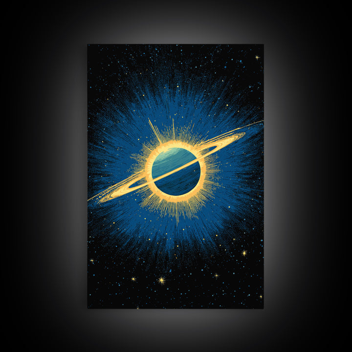 Blue Saturn Eclipse Burst Canvas Print, Retro Sci Fi Space Poster, Modern Wall Art, Midcentury Cosmic Decor, Galaxy Gift