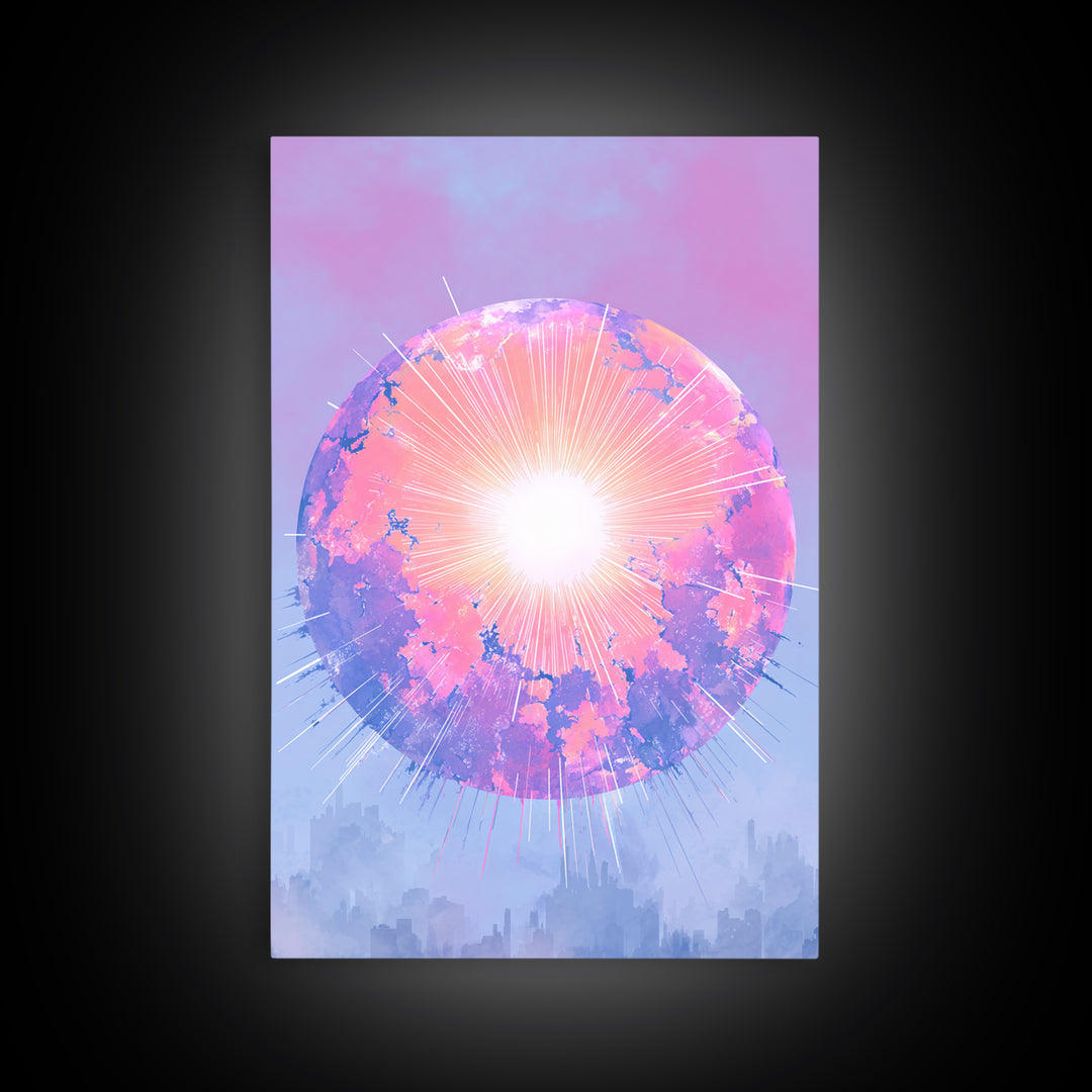 Pink Glowing Planet Over Skyline Wall Art, Pastel Sci Fi Poster, Modern Art Print, Dreamy Space Decor, Retro Galaxy Gift