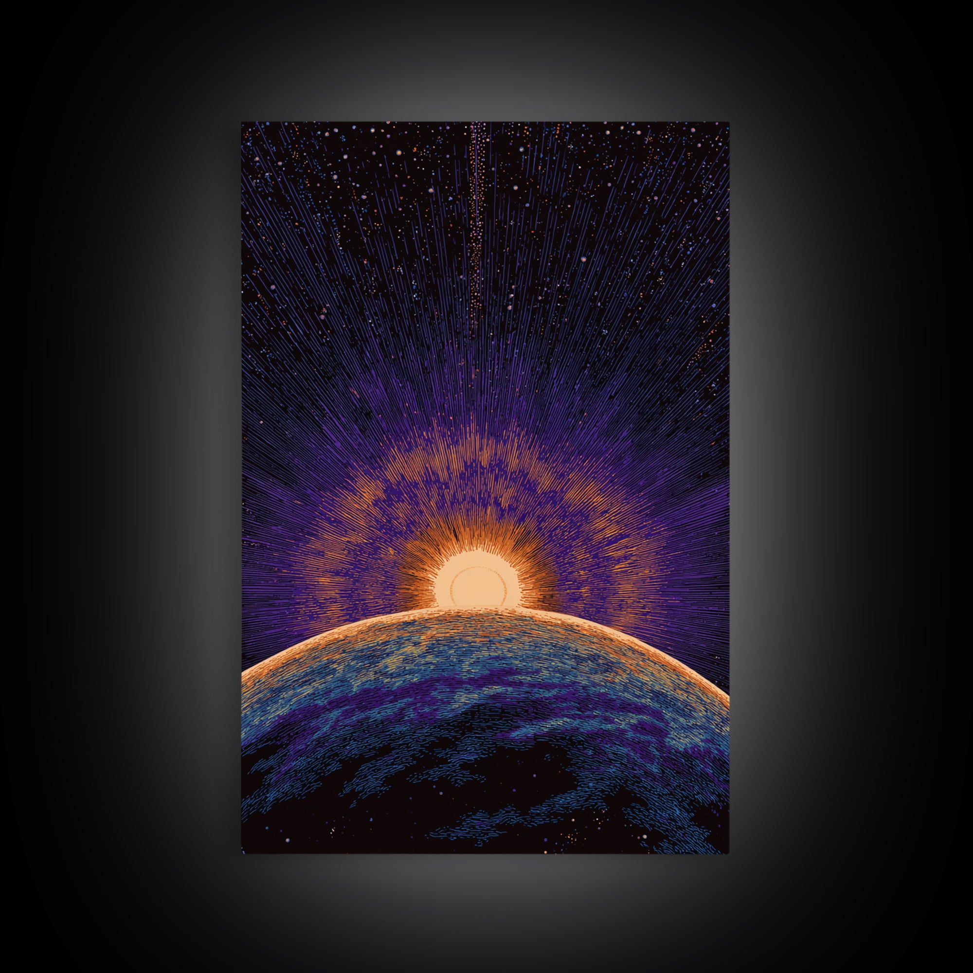 Purple Planet Sunrise Horizon Canvas Print, Retro Sci Fi Space Poster, Modern Wall Art, Midcentury Starburst Decor Gift Idea