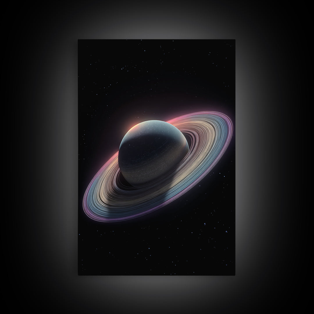 Dark Saturn With Iridescent Rings Wall Art, Realistic Sci Fi Space Poster, Modern Art Print, Cosmic Retro Home Decor Gift