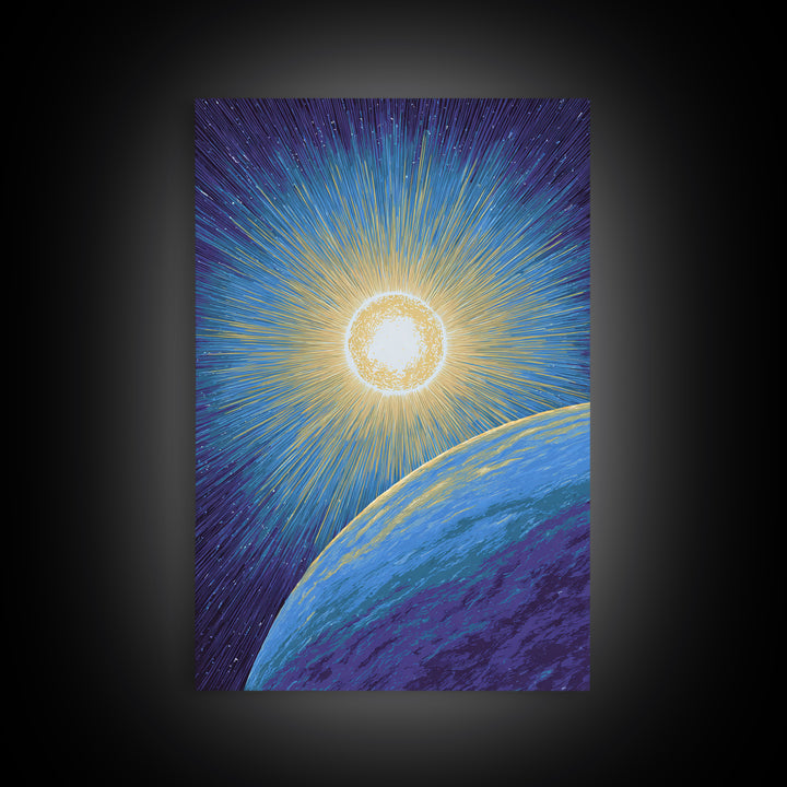 Radiant Sun Above Blue Planet Canvas Print, Retro Sci Fi Space Poster, Modern Wall Art, Midcentury Cosmic Home Decor Gift