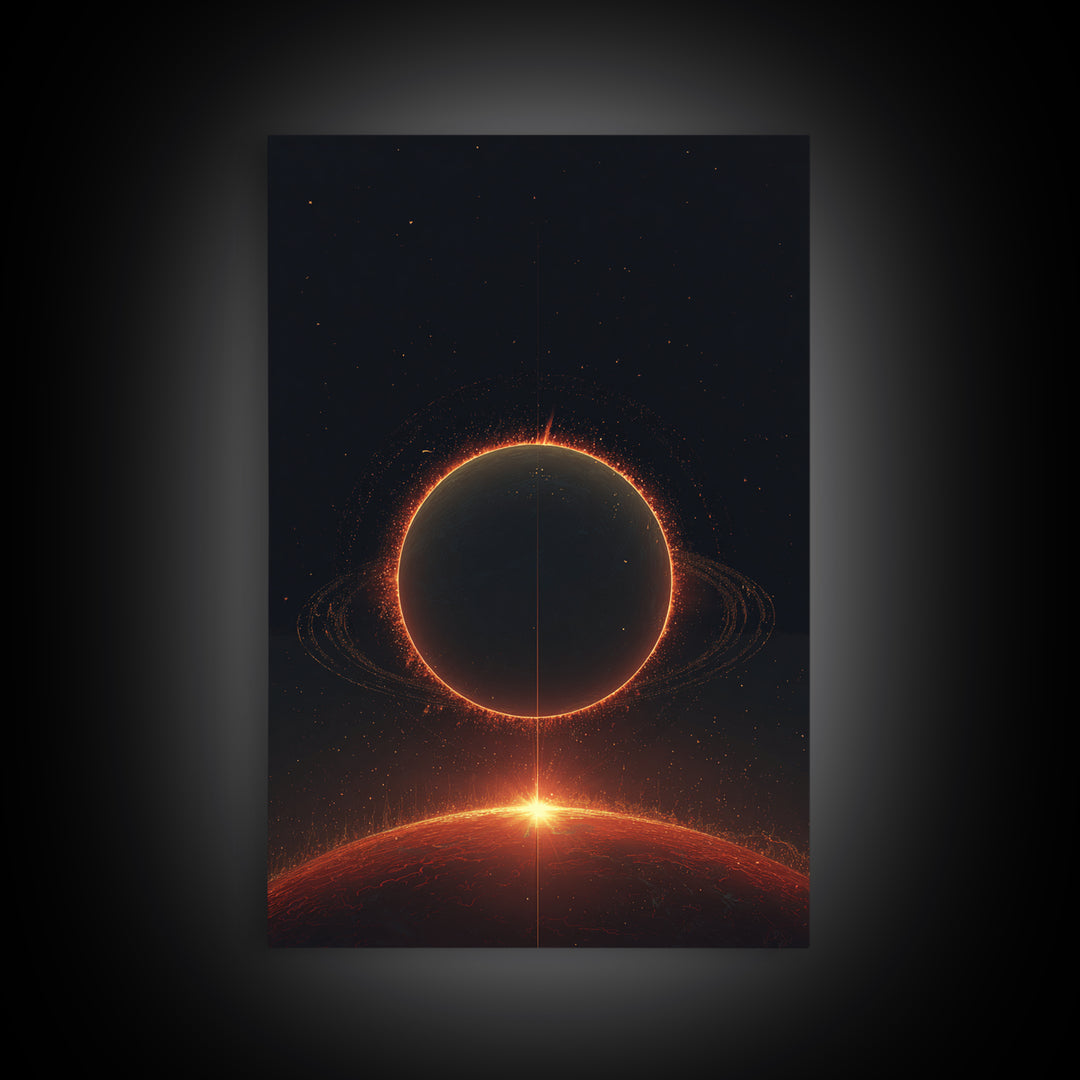 Red Eclipse Over Fiery Planet Wall Art, Minimal Sci Fi Space Poster, Modern Art Print, Dark Cosmic Retro Home Decor Gift