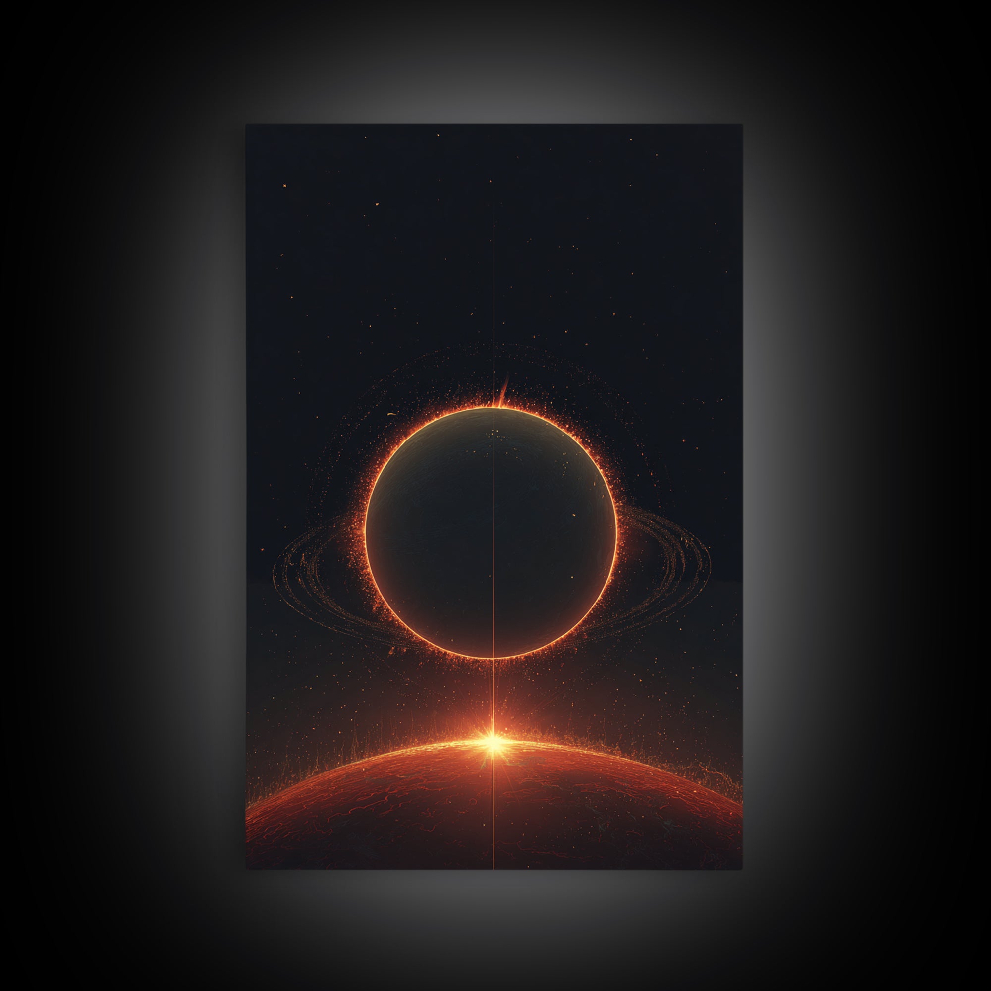 Red Eclipse Over Fiery Planet Wall Art, Minimal Sci Fi Space Poster, Modern Art Print, Dark Cosmic Retro Home Decor Gift