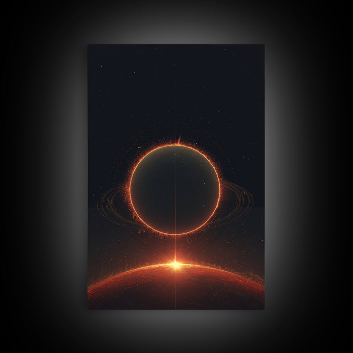 Red Eclipse Over Fiery Planet Wall Art, Minimal Sci Fi Space Poster, Modern Art Print, Dark Cosmic Retro Home Decor Gift