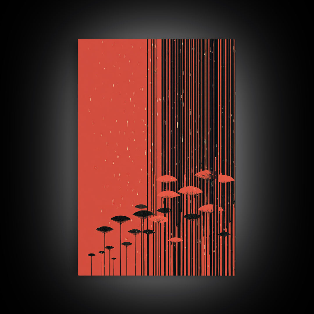 Red Abstract Rain Umbrella Wall Art, Midcentury Modern Art Print, Japanese Poster Style, Geometric Retro Home Decor Gift