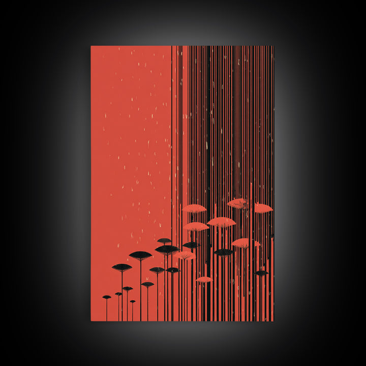 Red Abstract Rain Umbrella Wall Art, Midcentury Modern Art Print, Japanese Poster Style, Geometric Retro Home Decor Gift