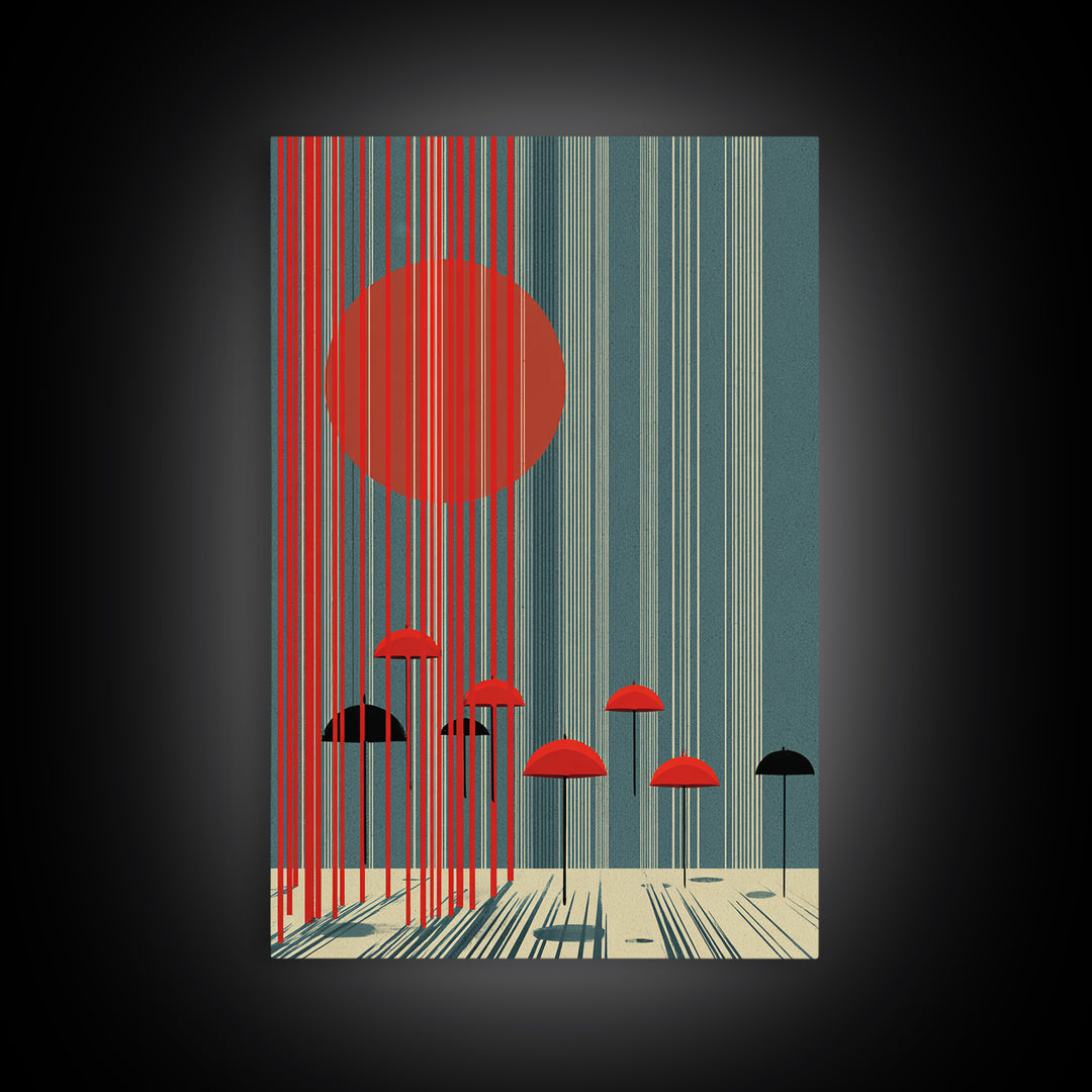 Teal Red Sun And Rain Umbrellas Canvas Print, Midcentury Modern Wall Art, Geometric Japanese Poster, Retro Decor Gift Idea