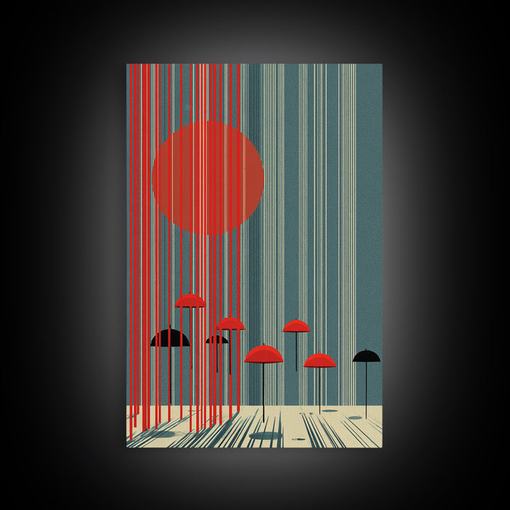 Teal Red Sun And Rain Umbrellas Canvas Print, Midcentury Modern Wall Art, Geometric Japanese Poster, Retro Decor Gift Idea