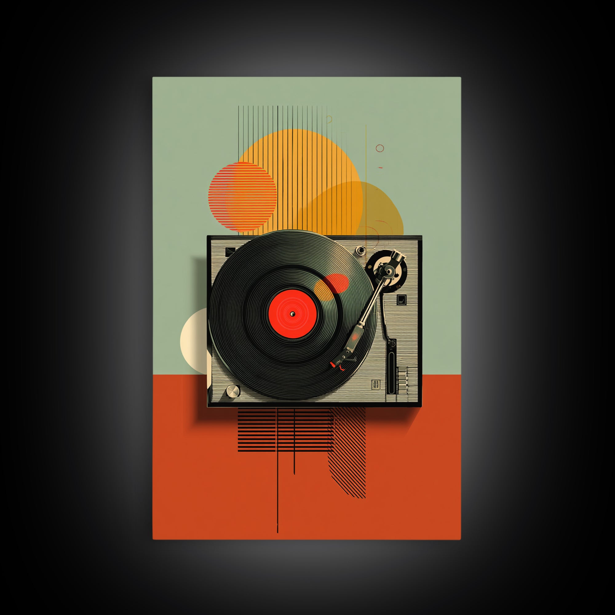 Retro Turntable Sun Shapes Framed Canvas Print, Midcentury Modern Wall Art, Orange Green Music Room Decor Poster For Vinyl Lovers