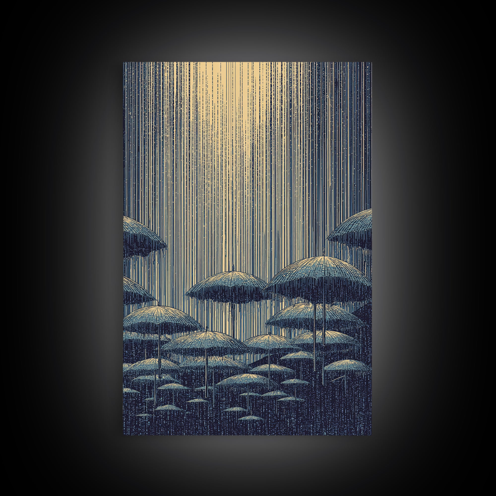 Blue Rainy Umbrella Moonlight Wall Art, Midcentury Modern Art Print, Japanese Poster Style, Retro Scenic Home Decor Gift