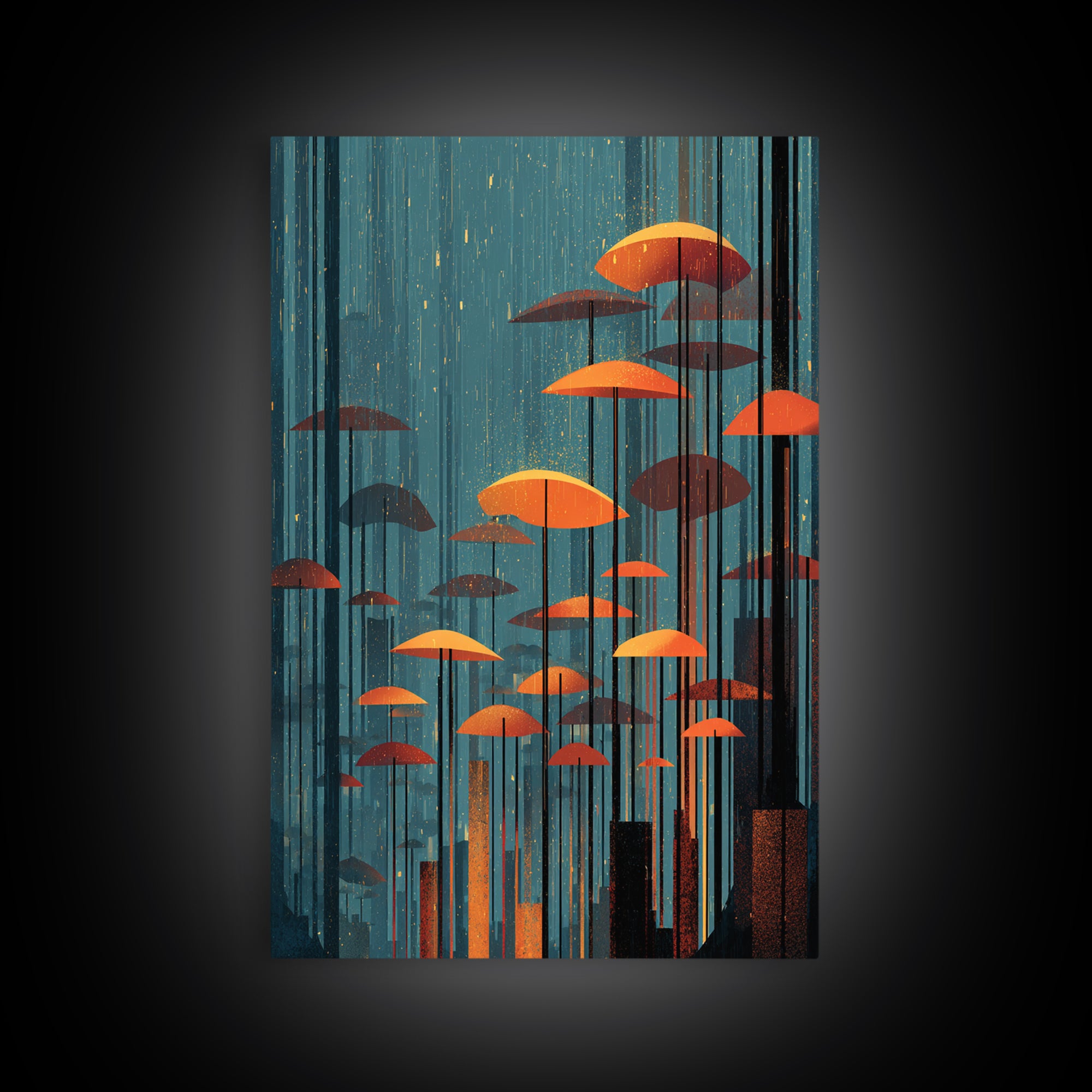 Rainy Teal Forest With Orange Umbrella Mushrooms Wall Art, Midcentury Modern Art Print, Retro Mcm Decor, Surreal Nature Poster