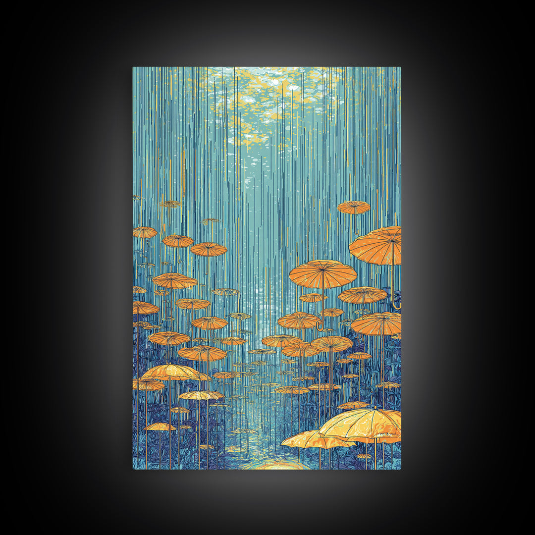 Golden Parasol Mushrooms In Blue Rain Canvas Print, Midcentury Modern Wall Art, Retro Botanical Decor, Colorful Nature Poster