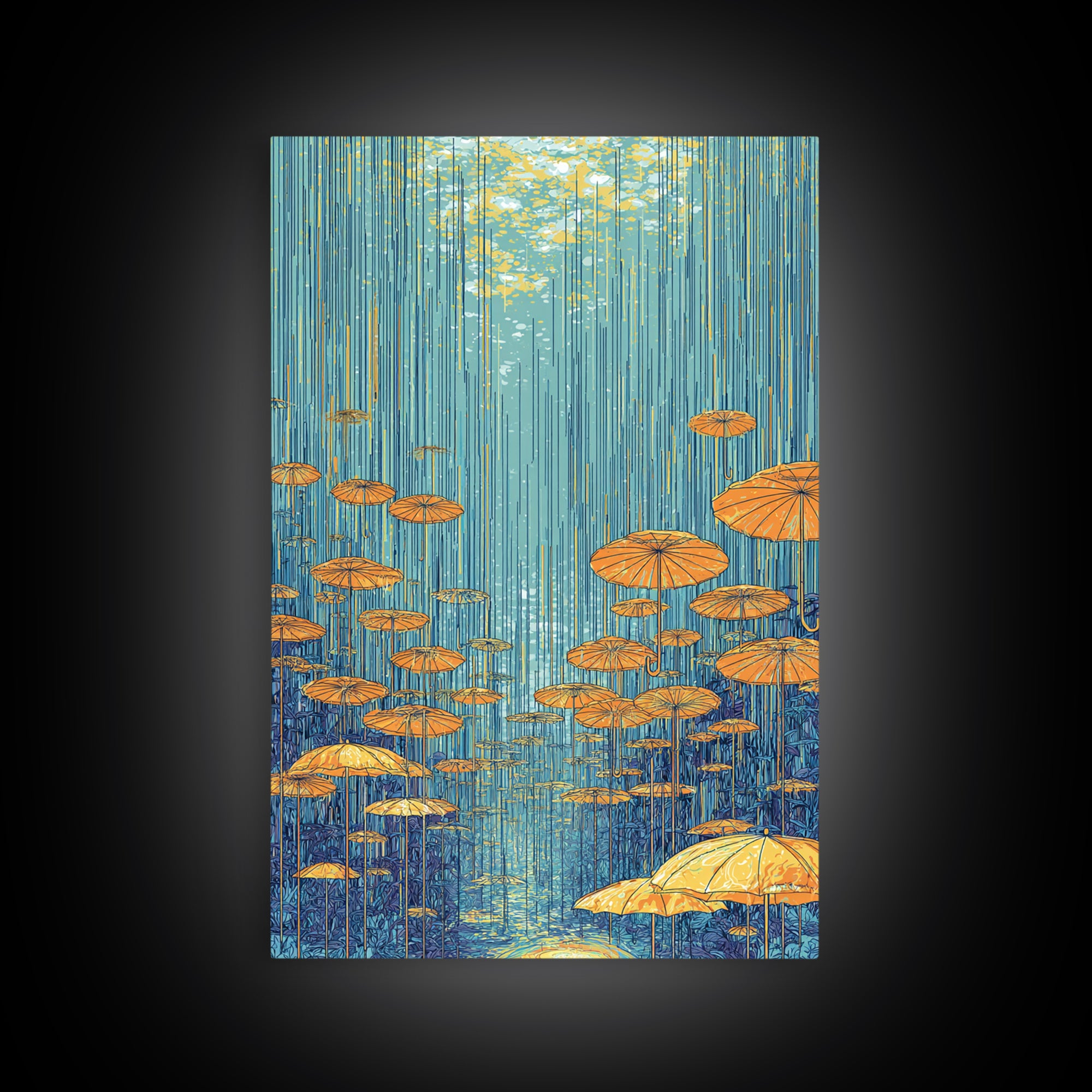 Golden Parasol Mushrooms In Blue Rain Canvas Print, Midcentury Modern Wall Art, Retro Botanical Decor, Colorful Nature Poster