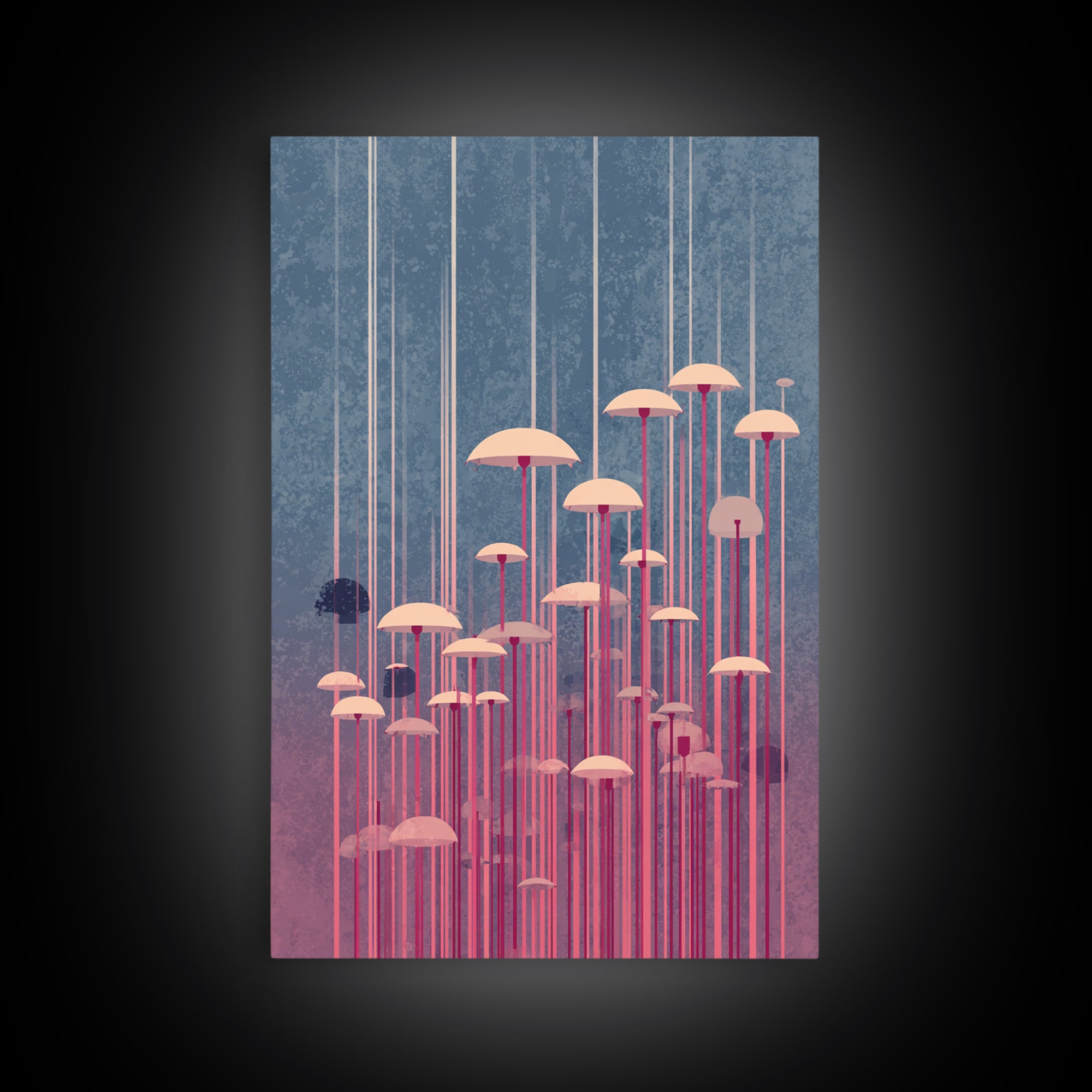 Pastel Pink Umbrella Forest In Mist Framed Canvas Print, Midcentury Modern Wall Art, Retro Mcm Decor, Dreamy Abstract Poster