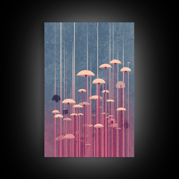 Pastel Pink Umbrella Forest In Mist Framed Canvas Print, Midcentury Modern Wall Art, Retro Mcm Decor, Dreamy Abstract Poster