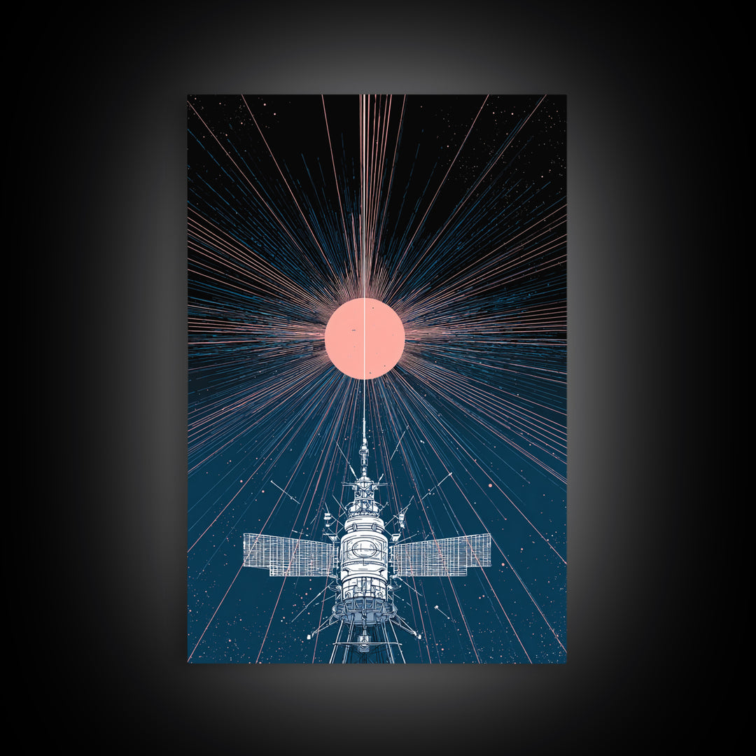 Satellite Under Pink Cosmic Sun Wall Art, Midcentury Modern Sci Fi Poster, Space Abstract Art, Retro Futurism Decor Print