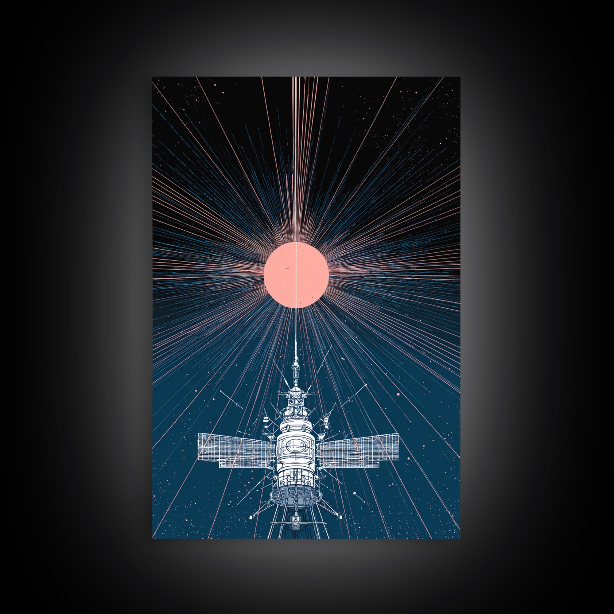 Satellite Under Pink Cosmic Sun Wall Art, Midcentury Modern Sci Fi Poster, Space Abstract Art, Retro Futurism Decor Print