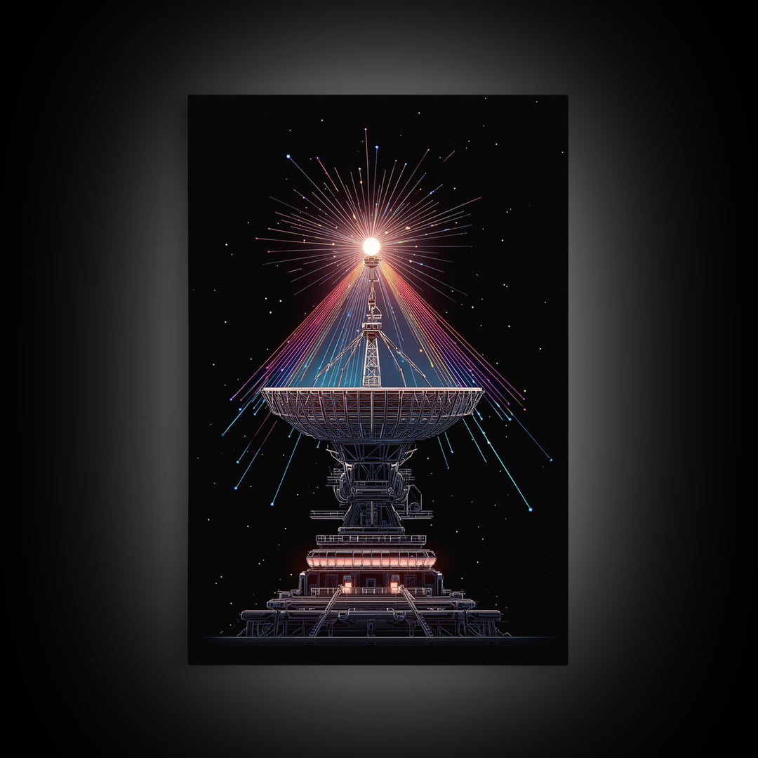 Radio Telescope Starburst On Black Canvas Print, Midcentury Modern Space Poster, Sci Fi Wall Art, Retro Cosmic Office Decor