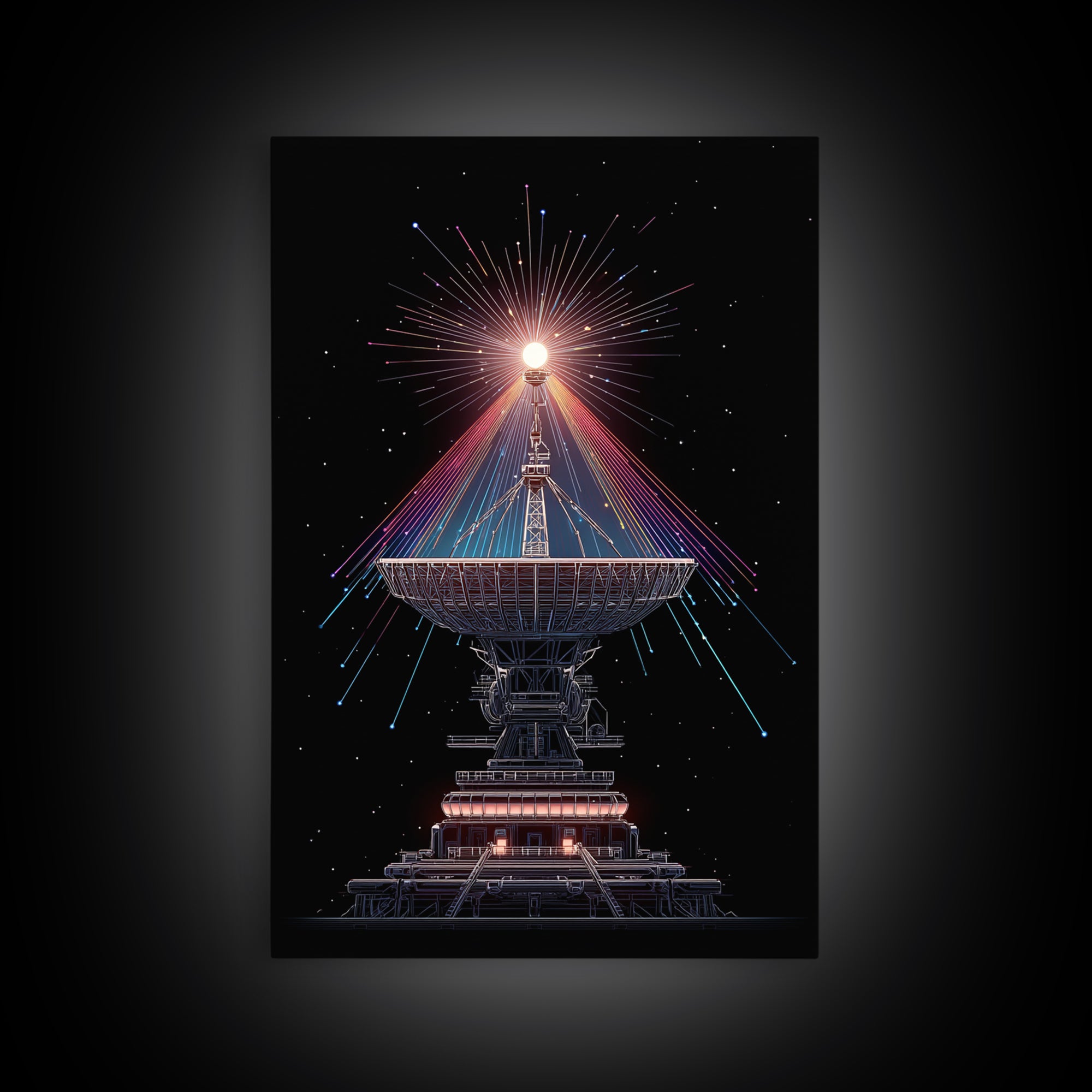 Radio Telescope Starburst On Black Canvas Print, Midcentury Modern Space Poster, Sci Fi Wall Art, Retro Cosmic Office Decor