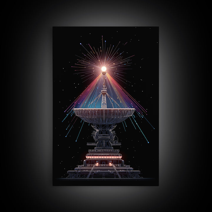 Radio Telescope Starburst On Black Canvas Print, Midcentury Modern Space Poster, Sci Fi Wall Art, Retro Cosmic Office Decor