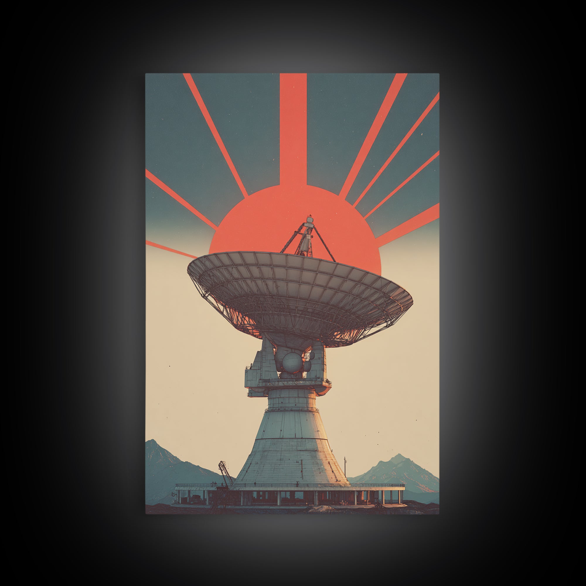 Mountain Radio Telescope With Red Sunbeams Framed Canvas Print, Midcentury Modern Wall Art, Retro Space Poster, Mcm Decor