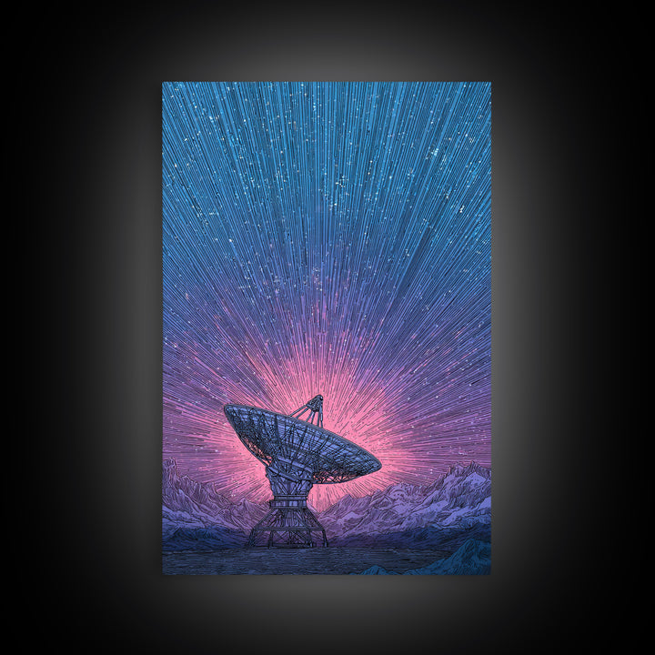 Mountain Satellite Dish With Pink Data Beams Wall Art, Midcentury Modern Sci Fi Poster, Space Abstract Art, Retro Decor Print