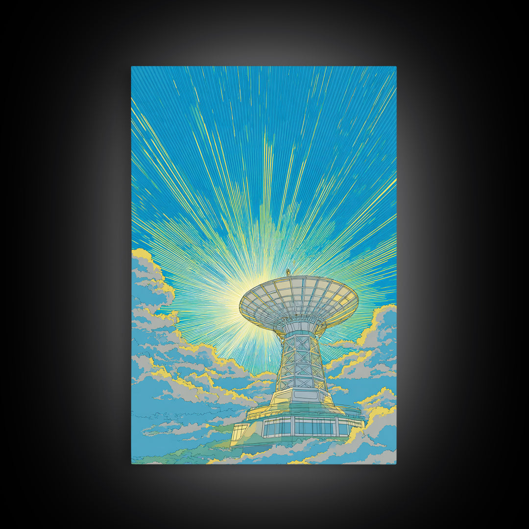 Bright Sky Satellite Dish With Neon Rays Canvas Print, Midcentury Modern Wall Art, Retro Space Poster, Colorful Office Decor