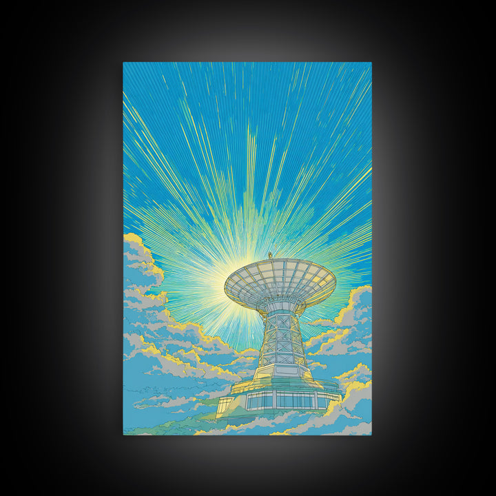 Bright Sky Satellite Dish With Neon Rays Canvas Print, Midcentury Modern Wall Art, Retro Space Poster, Colorful Office Decor