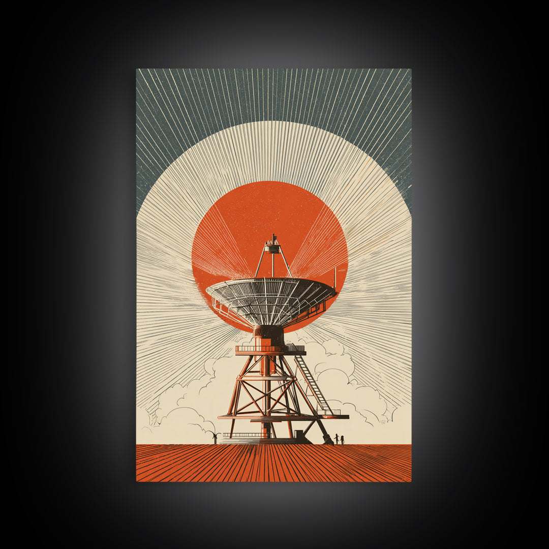 Orange Eclipse Radio Telescope In Desert Wall Art, Midcentury Modern Space Poster, Retro Futurism Decor, Geometric Art Print