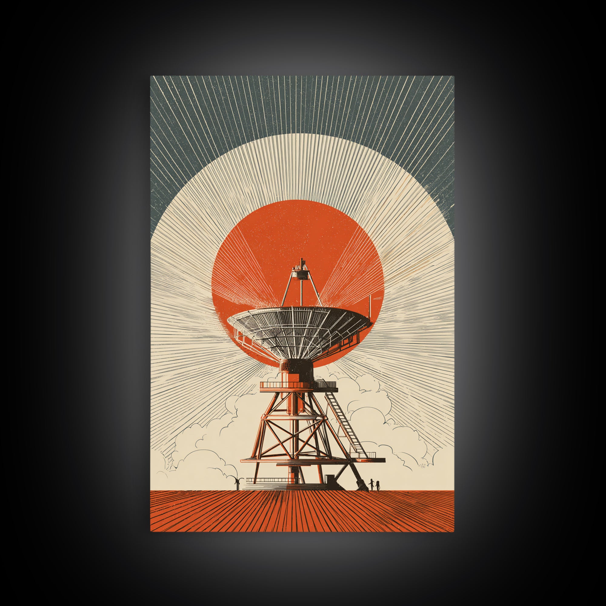 Orange Eclipse Radio Telescope In Desert Wall Art, Midcentury Modern Space Poster, Retro Futurism Decor, Geometric Art Print