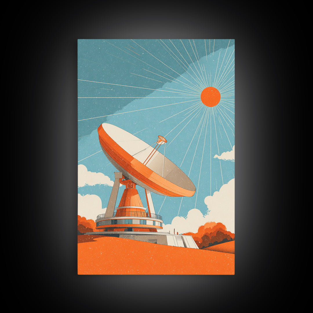 Orange Satellite Dish Under Blue Sun Canvas Print, Midcentury Modern Wall Art, Retro Space Poster, Atomic Mcm Office Decor