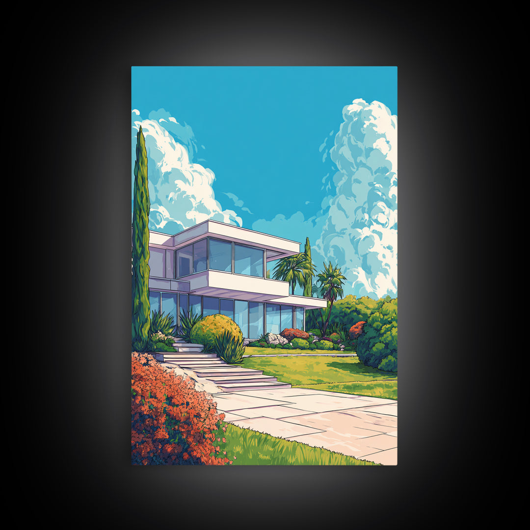 Palm Springs Modernist House Canvas Print, Mid Century Architecture Wall Decor, Retro Travel Poster, Colorful MCM Home Art