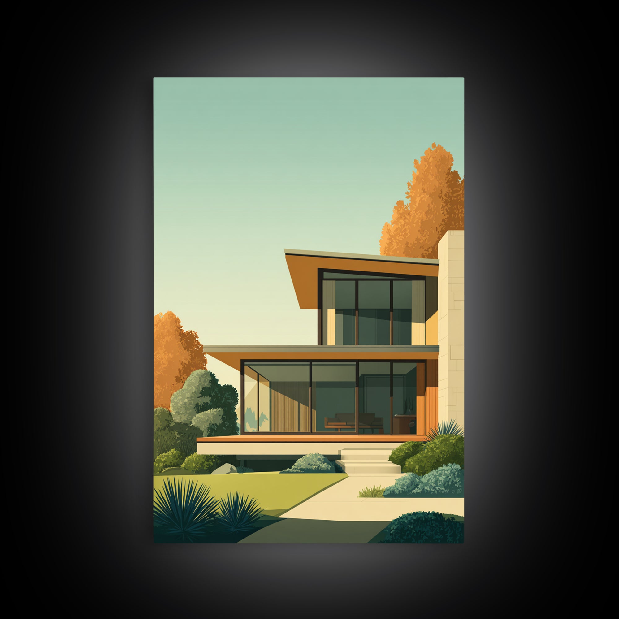 Warm Mid Century Modern House Framed Canvas Print, Architectural Wall Decor, MCM Home Artwork, Minimalist Retro Poster Prints