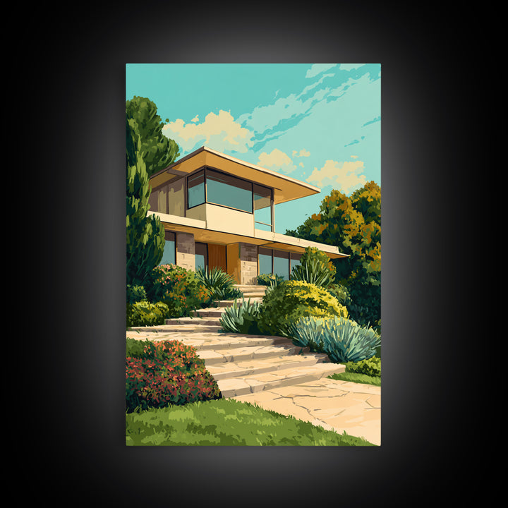 Lush Mid Century Modern House Canvas Print, Architectural Garden Wall Decor, MCM Landscape Poster, Retro Home Office Art