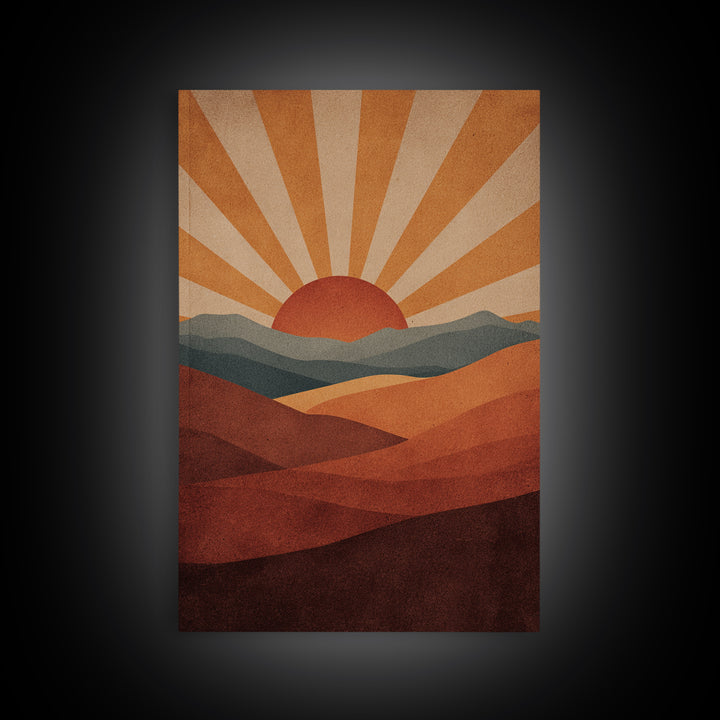 Retro Desert Sunrise Wall Art, Mid Century Sun Poster, Burnt Orange Landscape Print, Southwestern Decor, Boho MCM Art Gift