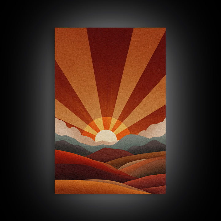 Burnt Orange Sunrise Wall Art, Retro Mountain Landscape Poster, Mid Century Sun Print, Warm Desert Decor, Boho MCM Art Gift
