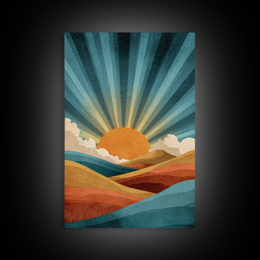 Teal Orange Sunrise Canvas Print, Retro Desert Mountain Wall Decor, Mid Century Sun Art, Boho Abstract Landscape Poster Print