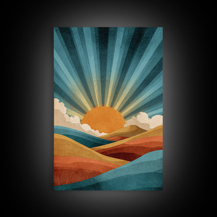 Teal Orange Sunrise Canvas Print, Retro Desert Mountain Wall Decor, Mid Century Sun Art, Boho Abstract Landscape Poster Print