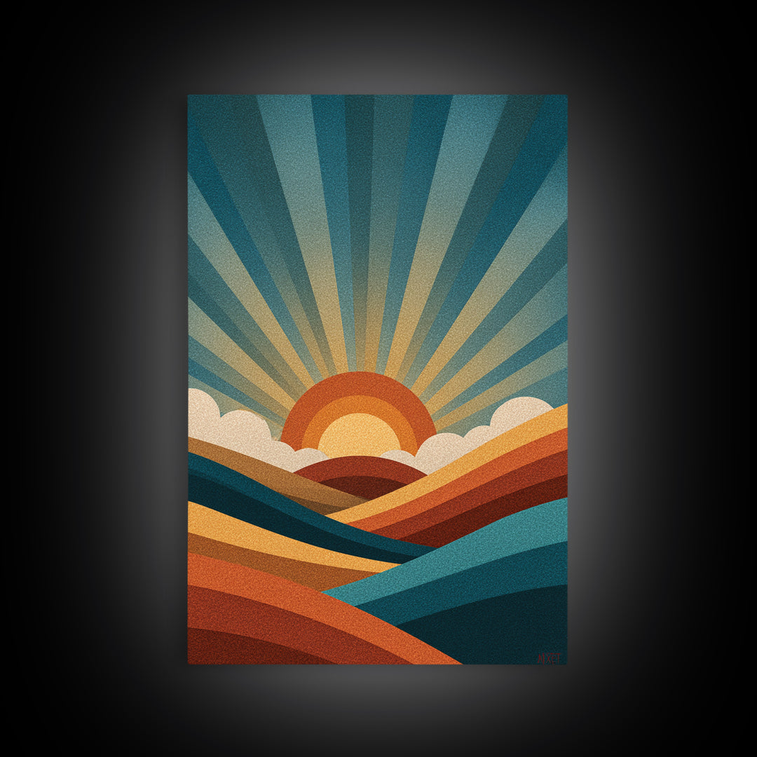 Geometric Sunrise Wall Art, Retro Rainbow Mountain Poster, Mid Century Sun Print, Colorful Abstract MCM Home Decor Gift Idea