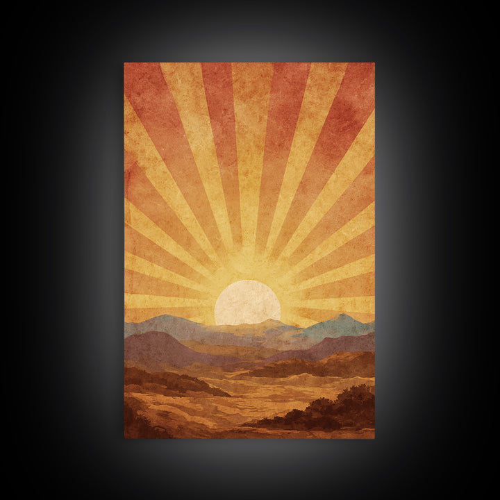 Radiant Desert Sunrise Mountains Wall Art, Mid Century Modern Poster, Retro Orange Landscape Print, Southwestern Living Room Decor