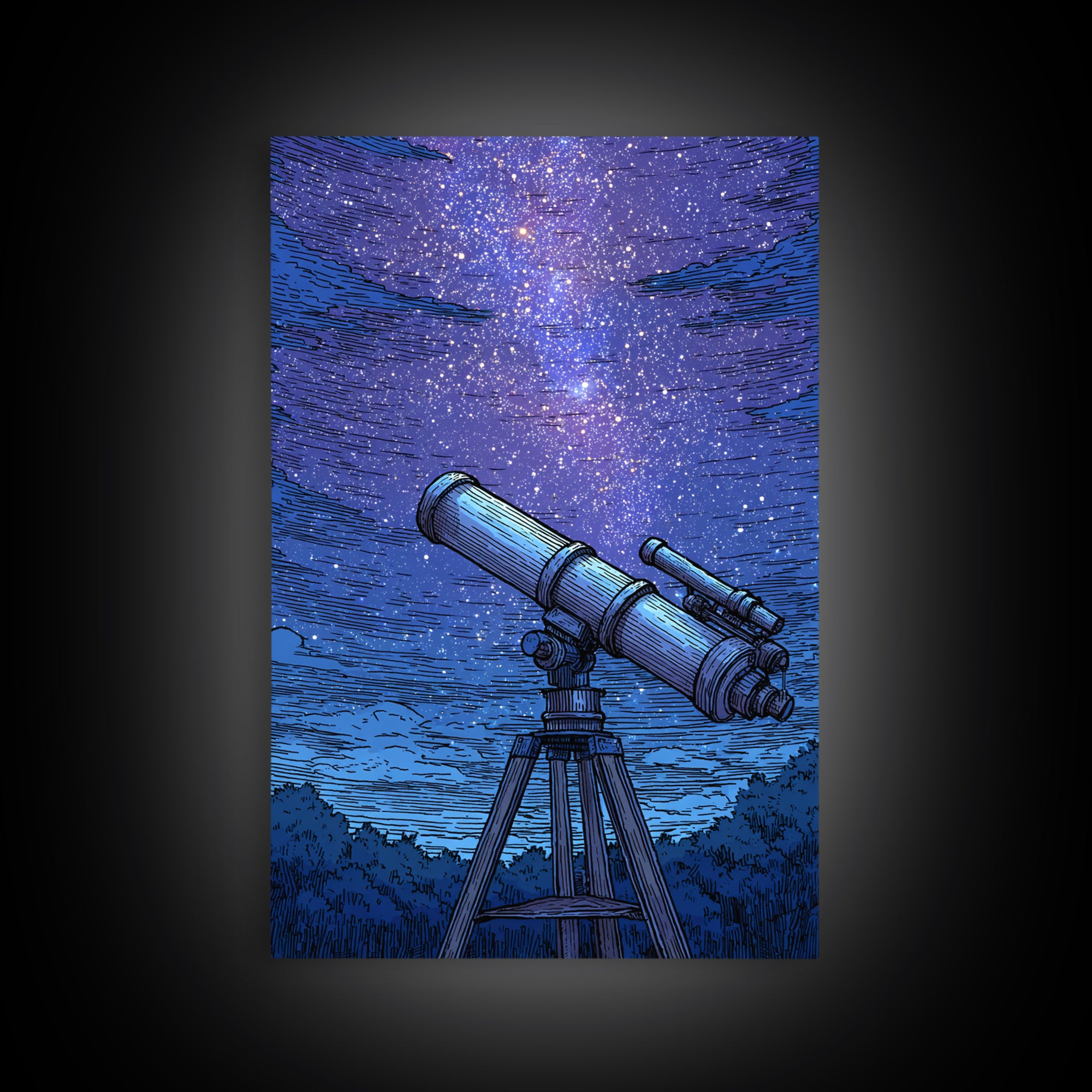 Blue Starry Telescope Wall Art, Mid Century Modern Space Poster, Astronomy Print, Night Sky Decor For Office And Dorm Room