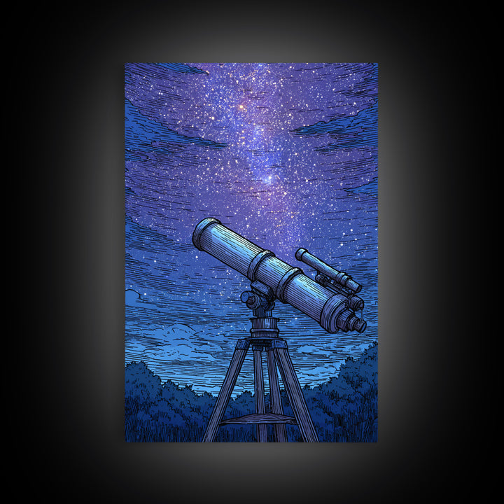 Blue Starry Telescope Wall Art, Mid Century Modern Space Poster, Astronomy Print, Night Sky Decor For Office And Dorm Room