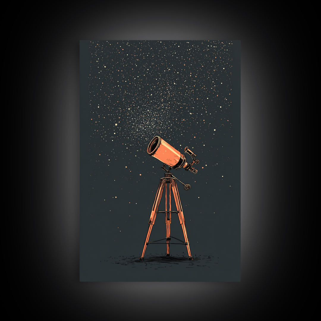 Orange Telescope Star Field Canvas Print, Mid Century Modern Astronomy Poster, Minimal Space Wall Decor, Stargazer Gift Idea