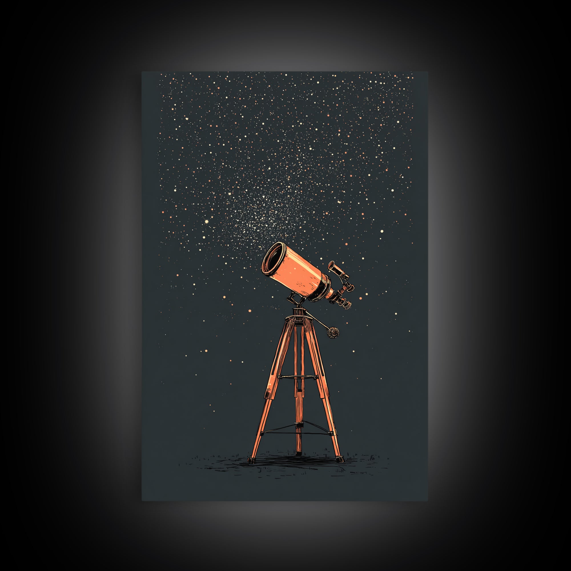 Orange Telescope Star Field Canvas Print, Mid Century Modern Astronomy Poster, Minimal Space Wall Decor, Stargazer Gift Idea